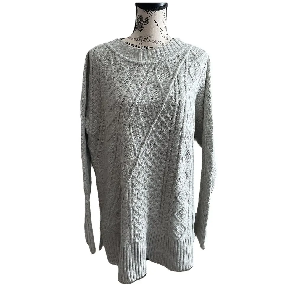 J Crew Wool Blend Cable Knit Baggy Sweater XL Gray Cabin Core Soft Girl Glam